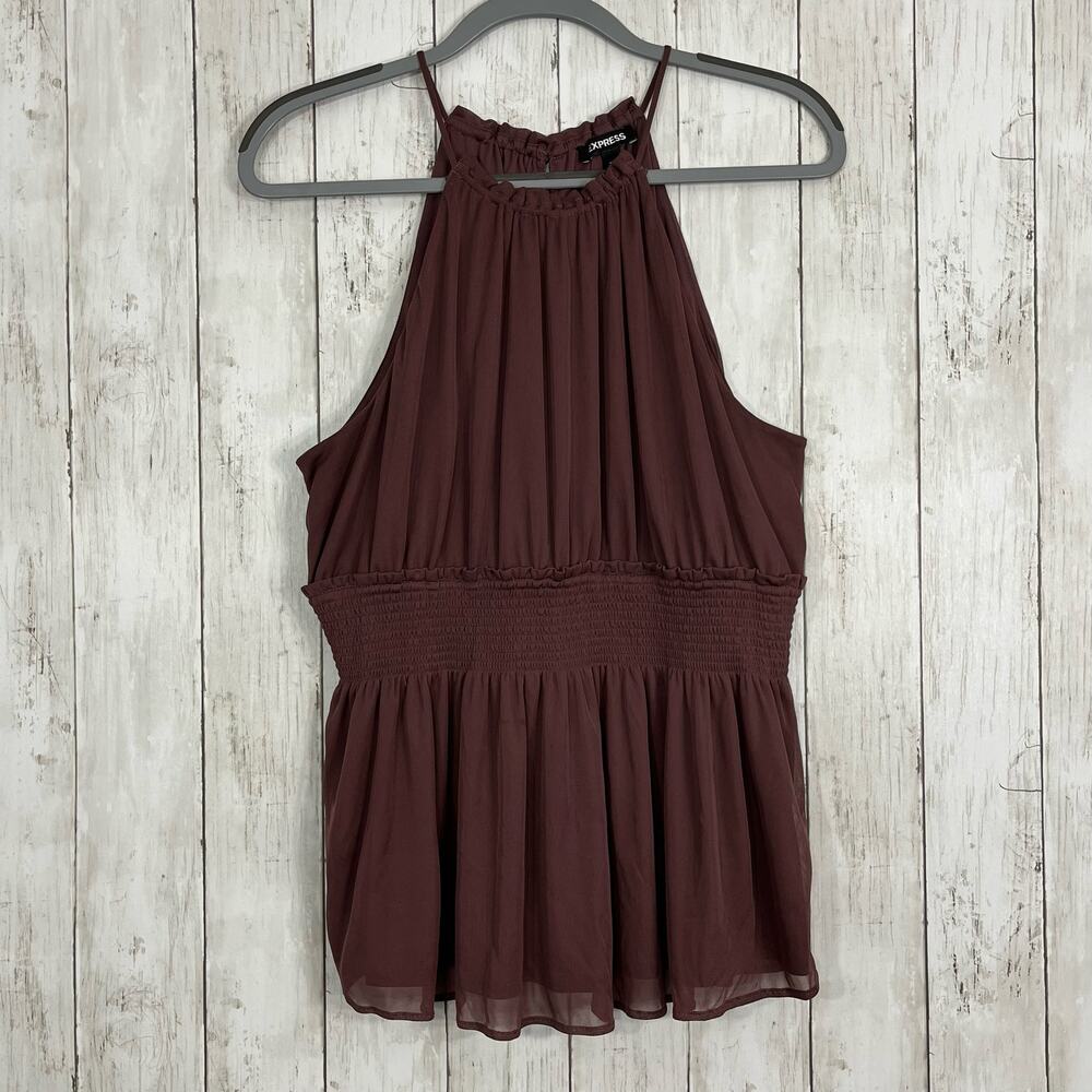 Express Smocked Waist High Neck Blouse Brown Earthy Sleeveless Club Top Large